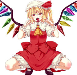 Rule 34 | 1girl, ascot, blonde hair, bloomers, blush, bow, embodiment of scarlet devil, female focus, flandre scarlet, full body, hachimoku, hat, mary janes, pointing, red eyes, shoes, side ponytail, simple background, socks, solo, squatting, tongue, tongue out, touhou, underwear, white background, white socks, wings, wrist cuffs