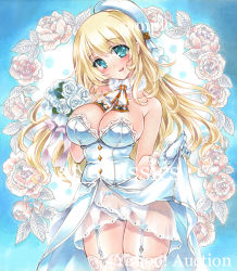 Rule 34 | 10s, 1girl, aqua eyes, artist name, at classics, atago (kancolle), bare shoulders, beret, blonde hair, blush, bouquet, breasts, cleavage, cowboy shot, detached collar, dress, flower, fur collar, garter straps, gloves, hat, holding, holding bouquet, kantai collection, large breasts, long hair, looking at viewer, open mouth, panties, sample watermark, see-through, sidelocks, smile, solo, thighhighs, traditional media, underwear, watermark, wedding dress, white gloves, white hat, white panties, white thighhighs