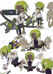 Rule 34 | 3boys, absurdres, boy dearboys, cap&#039;n cuttlefish, clipboard, closed eyes, closed mouth, commentary request, crossed bandaids, dark-skinned male, dark skin, eyebrow cut, fingerless gloves, gloves, green hair, highres, holding, inkling, jacket, jellyfish (splatoon), lying, multicolored hair, multiple boys, multiple views, nintendo, octoling, octoling boy, octoling player character, on back, pants, pants under shorts, purple hair, shirt, shoes, shorts, simple background, sneakers, splatoon (series), splatoon 3, tentacle hair, translation request, tri-stringer (splatoon), weapon, white background, white gloves, white jacket
