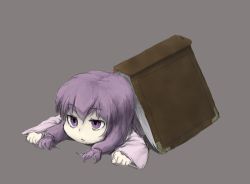 Rule 34 | 1girl, :&lt;, bad id, bad pixiv id, book, bored, female focus, hayake, hayake (chenran), lying, no headwear, on stomach, open book, patchouli knowledge, purple eyes, purple hair, simple background, solo, touhou