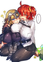 Rule 34 | ..., 2girls, ?, ??, ahoge, alternate breast size, arm around shoulder, armor, armored dress, black pantyhose, black thighhighs, blonde hair, blush, braid, breast press, breasts, chain, chaldea uniform, cube, empty eyes, fate/apocrypha, fate/grand order, fate (series), faulds, flying sweatdrops, fujimaru ritsuka (female), gauntlets, hair between eyes, hair ornament, hair scrunchie, hammer, headpiece, heavy breathing, highres, huge breasts, impossible clothes, jacket, jeanne d&#039;arc (fate), jeanne d&#039;arc (ruler) (fate), large breasts, long braid, long hair, looking at another, melon22, multiple girls, nose blush, one side up, open mouth, orange eyes, orange hair, pantyhose, purple eyes, saliva, scrunchie, side ponytail, single braid, sitting, speech bubble, spoken ellipsis, spoken question mark, sweatdrop, thighhighs, very long hair, white background, white jacket, yellow scrunchie, yuri