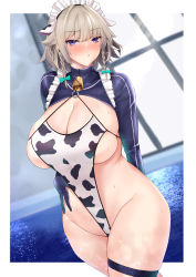 Rule 34 | 1girl, absurdres, animal ears, animal print, bell, blush, braid, breasts, cleavage, cow ears, cow print, groin, highres, izayoi sakuya, large breasts, looking at viewer, maid headdress, one-piece swimsuit, parted lips, platinum blonde hair, pool, purple eyes, shrug (clothing), sinkai, solo, sweat, swimsuit, thigh strap, touhou