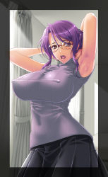 Rule 34 | 1girl, armpits, arms up, black skirt, border, breasts, commentary request, covered erect nipples, curtains, glasses, grey sweater, hair bun, highres, indoors, large breasts, lips, looking at viewer, mizoro tadashi, mole, mole under mouth, open mouth, original, pleated skirt, purple eyes, purple hair, sidelocks, single hair bun, skirt, sleeveless, sleeveless turtleneck, solo, standing, sunlight, sweat, sweater, turtleneck, turtleneck sweater, window