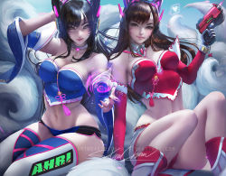 Rule 34 | 2girls, ;), ahri (league of legends), ahri (league of legends) (cosplay), alternate costume, anaglyph, animal ears, animal print, artist name, bare shoulders, belly, black hair, breasts, brown eyes, brown hair, choker, cleavage, clothes, collar, cosplay, costume, costume switch, covered erect nipples, crossover, d.va (overwatch), denim, denim shorts, detached sleeves, deviantart username, elbow gloves, energy ball, facepaint, facial mark, fake animal ears, female focus, fox girl, fox tail, fur, fur trim, gloves, gun, hair ornament, headphones, heart, hip focus, holding, holding weapon, japanese clothes, kimono, kitsune, korean clothes, large breasts, league of legends, legs, lipstick, long hair, looking at viewer, magic, makeup, midriff, multiple girls, multiple tails, nail polish, one eye closed, overwatch, overwatch 1, panties, rabbit print, realistic, sakimichan, short shorts, shorts, signature, sitting, smile, speech bubble, spoken heart, stomach, tail, tank top, thighhighs, thighs, underwear, watermark, weapon, web address, whisker markings, yellow eyes
