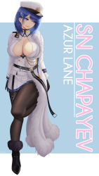 Rule 34 | 1girl, absurdres, aiguillette, arms behind back, azur lane, belt, black belt, black footwear, black gloves, black pantyhose, blue eyes, blue hair, breasts, chapayev (azur lane), cleavage, commentary, english commentary, full body, fur, gloves, hair behind ear, hair ornament, hairclip, hat, high collar, highres, jacket, large breasts, looking to the side, medium hair, military, military hat, military uniform, miniskirt, mole, mole on breast, pantyhose, peaked cap, pink lips, pleated skirt, skirt, smile, standing, swept bangs, thighs, uniform, white hat, white jacket, white skirt, zaphn