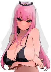 Rule 34 | 1girl, black bra, blunt bangs, blush, bra, breasts, cleavage, dismassd, highres, hololive, hololive english, large breasts, long hair, mori calliope, pink hair, red eyes, solo, tiara, underwear, veil, virtual youtuber, white background