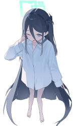 Rule 34 | 1girl, absurdres, alternate costume, aris (blue archive), barefoot, black hair, black hairband, blue archive, blue eyes, bottomless, collared shirt, commentary request, full body, green halo, hair between eyes, hairband, halo, hand up, highres, long bangs, long hair, long sleeves, okappa (bobbed001), open mouth, shirt, side ponytail, simple background, sleeves past wrists, solo, standing, very long hair, white background, white shirt