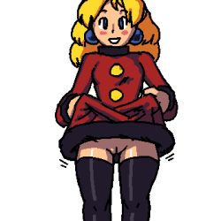 Rule 34 | 1girl, aliasing, black thighhighs, blonde hair, blue eyes, blush, blush stickers, capcom, cleft of venus, clothes lift, cowboy shot, dress, dress lift, earrings, facing viewer, jewelry, kalinka cossack (mega man), lifting own clothes, long hair, looking at viewer, lowres, mega man (series), no panties, noill, pussy, red dress, self exposure, simple background, smile, solo, standing, thighhighs, uncensored, white background