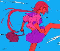 Rule 34 | 1girl, absurdres, bag, blue background, clenched hands, closed mouth, colored sclera, colored skin, from side, high contrast, highres, holding, holding bag, kicking, limited palette, long hair, low ponytail, miniskirt, original, pink sclera, pink shirt, pleated skirt, profile, purple sailor collar, purple skirt, red skin, red theme, sailor collar, school uniform, serafuku, shirt, skirt, solo, standing, standing on one leg, tsu (lovesick1964), very long hair, yellow eyes