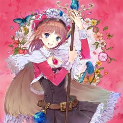 Rule 34 | 1girl, animal, atelier (series), atelier rorona, belt, bird, blue eyes, brown dress, bug, butterfly, cape, capelet, dress, female focus, flower, frills, hat, highres, bug, kishida mel, long hair, long sleeves, open mouth, pink background, pink hair, resized, rororina fryxell, simple background, skirt, smile, solo, staff, upscaled