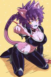 Rule 34 | 10s, 1girl, animal ears, belt, black pants, bracelet, breasts, cat ears, cat girl, cat tail, choker, claws, cleavage, crop top, dragon ball, dragon ball super, female focus, full body, hop (dragon ball), jewelry, large breasts, long sleeves, looking at viewer, monster girl, navel, pants, purple hair, short hair, smile, solo, spiked bracelet, spikes, tail, universe 9 (dragon ball), wide hips, yellow eyes