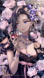 Rule 34 | 1girl, black dress, black hair, black nails, breasts, cleavage, cup, dress, drinking glass, earrings, floral background, flower, hair flower, hair ornament, hand up, highres, holding, holding cup, jewelry, long hair, looking away, medium breasts, nail polish, nardack, necklace, necktie, original, pansy, parted lips, pink flower, pink ribbon, puffy short sleeves, puffy sleeves, purple eyes, purple flower, purple pansy, ribbon, ring, short sleeves, solo, upper body