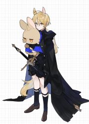 Rule 34 | 1boy, absurdres, aged down, animal ears, arknights, bishounen, blonde hair, blue shirt, coat, garter belt, highres, holding, holding stuffed toy, horse boy, horse ears, horse tail, male focus, mlynar (arknights), oversized clothes, shirt, shoes, shorts, simple background, solo, stuffed toy, sword, tail, weapon, white background, yakota (usuk-yako), yellow eyes