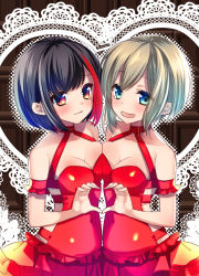 Rule 34 | 10s, 2girls, :d, aoba moca, backless dress, backless outfit, bang dream!, black hair, blue eyes, blush, bob cut, breast press, breasts, chocolate, cleavage, covered navel, detached sleeves, dress, embarrassed, frilled dress, frills, grey hair, halter dress, halterneck, heart, heart hands, heart hands duo, highres, lace background, looking at viewer, medium breasts, mitake ran, multicolored hair, multiple girls, open mouth, red dress, red eyes, red hair, short hair, short sleeves, smile, streaked hair, symmetrical docking, symmetry, tsurugi hikaru, valentine