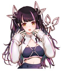 Rule 34 | 1girl, black hair, black skirt, black tube top, blunt bangs, blush, breasts, clothing cutout, commentary request, demon girl, demon horns, demon tail, futatsumuji, highres, horns, jacket, kojo anna, kojo anna (2nd costume), lace trim, long hair, looking at viewer, medium bangs, medium breasts, midriff, multicolored hair, nanashi inc., navel, official alternate costume, open mouth, pointy ears, purple hair, shoulder cutout, shrug (clothing), simple background, skirt, solo, strapless, tail, teeth, tube top, twintails, two-tone hair, upper body, upper teeth only, virtual youtuber, white background, white jacket, yellow eyes