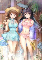 Rule 34 | 2girls, :d, :o, bad id, bad twitter id, bare shoulders, bikini, black hair, blush, braid, breasts, brown eyes, brown hair, collarbone, commentary request, dress, frilled bikini, frills, green dress, hair between eyes, hair rings, hand up, hat, hayama eishi, holding, jacket, leaf, legs apart, legs together, long hair, long sleeves, medium breasts, multiple girls, off shoulder, open clothes, open jacket, open mouth, original, palm tree, pink bikini, plant, purple jacket, short dress, sleeveless, sleeveless dress, slippers, smile, spread fingers, standing, swimsuit, tree, twin braids, waving