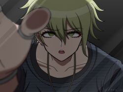 Rule 34 | 1boy, :o, amami rantaro, artist name, blurry, blurry foreground, collarbone, danganronpa (series), danganronpa v3: killing harmony, green eyes, grey background, hair between eyes, hand up, highres, jewelry, male focus, necklace, ring, shirt, short hair, solo, striped clothes, striped shirt, suiren yurei, teeth, upper teeth only