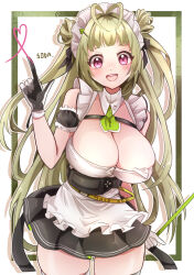 Rule 34 | 1girl, :d, antenna hair, apron, arm cuffs, ascot, black gloves, black skirt, blush, breasts, character name, cleavage, detached collar, double bun, finger gun, frills, gloves, goddess of victory: nikke, green ascot, hair bun, hair ornament, hair ribbon, hairclip, heart, heart antenna hair, heart of string, highres, large breasts, light green hair, long hair, looking at viewer, maid, maid apron, maid headdress, nima (nimamenoki), open mouth, pink eyes, pleated skirt, ribbon, skirt, sleeveless, smile, soda (nikke), solo, thighhighs, two-tone gloves, white gloves, white thighhighs