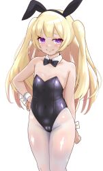 Rule 34 | 1girl, absurdres, animal ears, azur lane, bache (azur lane), black bow, black bowtie, black leotard, blonde hair, bow, bowtie, breasts, cameltoe, detached collar, feet out of frame, hand on own hip, highres, igarashi gozo, leotard, long hair, pantyhose, playboy bunny, purple eyes, rabbit ears, simple background, small breasts, solo, strapless, strapless leotard, two side up, white background, white pantyhose, wrist cuffs