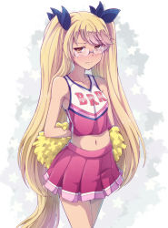Rule 34 | 10s, 1girl, arms behind back, bare shoulders, blonde hair, blue ribbon, blush, breasts, brown eyes, cheerleader, closed mouth, clothes writing, collarbone, e20, frown, hair ribbon, highres, holding, long hair, looking at viewer, midriff, navel, pink skirt, pleated skirt, pom pom (cheerleading), retoree (show by rock!!), ribbon, show by rock!!, skirt, small breasts, solo, star (symbol), starry background, stomach, twintails, very long hair