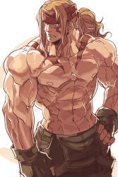Rule 34 | 1boy, abs, alex (street fighter), bara, biceps, blonde hair, facial tattoo, fingerless gloves, gloves, hand on own hip, headband, highres, large pectorals, long hair, looking to the side, male focus, manly, mature male, muscular, muscular male, navel, nikism, nipples, pants, pectorals, ponytail, solo, street fighter, tattoo, thick arms, topless male, veins, veiny arms