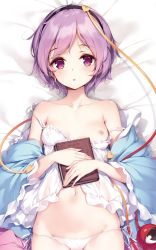 Rule 34 | 1girl, bed sheet, black hairband, blue shirt, book, breasts, camisole, collarbone, commentary request, cowboy shot, dakimakura (medium), frilled sleeves, frills, from above, hair ornament, hairband, heart, heart hair ornament, highres, holding, holding book, ke-ta, komeiji satori, long sleeves, looking at viewer, lying, navel, nipples, off shoulder, on back, on bed, one breast out, open clothes, open shirt, panties, purple eyes, purple hair, ribbon, shirt, short hair, side-tie panties, small breasts, solo, strap slip, string, third eye, touhou, underwear, white panties, white ribbon