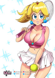 Rule 34 | 1girl, absurdres, ball, bare shoulders, blonde hair, blue eyes, breasts, cleavage, collarbone, cowboy shot, crop top, crown, earrings, highres, jewelry, large breasts, long hair, looking at viewer, mario (series), mario tennis, midriff, navel, nintendo, open mouth, ponytail, princess peach, racket, sasa tseng, simple background, sleeveless, smile, solo, sportswear, standing, tennis ball, tennis racket, tennis uniform, white background
