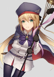 Rule 34 | 1girl, artoria caster (fate), artoria caster (second ascension) (fate), artoria pendragon (fate), belt, beret, black gloves, blonde hair, blue belt, blue capelet, blue headwear, blue pantyhose, breasts, brooch, buttons, cape, capelet, closed mouth, dress, fate/grand order, fate (series), gloves, green eyes, hat, holding, holding staff, jewelry, kyoeiki, long sleeves, looking at viewer, multicolored cape, multicolored clothes, o-ring, o-ring belt, pantyhose, small breasts, staff, thighs, twintails, white dress