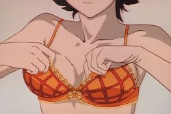 Rule 34 | 1990s (style), 1girl, adjusting bra, adjusting clothes, animated, animated gif, bouncing breasts, bra, breasts, changing, golden boy, lace, lace bra, orange bra, retro artstyle, shain b, short hair, solo, underwear