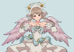 Rule 34 | 1girl, bare shoulders, blue background, blue bow, blue bowtie, blue sash, blush, bow, bowtie, breasts, brown eyes, brown hair, collarbone, dated, detached sleeves, dot nose, dress, fake halo, fake wings, feathered wings, floating hair, halo, hands up, hat, highres, idolmaster, idolmaster million live!, idolmaster million live! theater days, long hair, long sleeves, looking at viewer, medium breasts, open mouth, sash, sidelocks, simple background, smile, solo, strapless, strapless dress, tarako oniyon, tenkuubashi tomoka, white dress, white sleeves, wings
