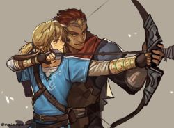 Rule 34 | 2boys, bow (weapon), dark-skinned male, dark skin, drawing bow, ganondorf, holding, holding bow (weapon), holding weapon, korean text, link, manly, mimme (haenakk7), multiple boys, nintendo, pointy ears, ponytail, teaching, the legend of zelda, the legend of zelda: breath of the wild, twitter username, weapon