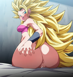 Rule 34 | 1girl, absurdres, ahegao, anus, aqua eyes, ass, ass focus, ass grab, bed, blonde hair, blush, bottomless, breasts, caulifla, censored, curvy, dragon ball, dragon ball super, grabbing own ass, hand on own ass, highres, huge ass, large breasts, licking lips, long hair, looking at viewer, looking back, naughty face, no panties, on bed, pussy, rom (20), rom (20), sideboob, sitting, solo, spiked hair, super saiyan, super saiyan 3, tongue, tongue out, very long hair, wide hips