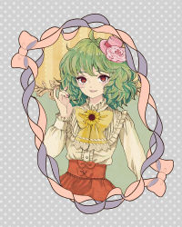 Rule 34 | 1girl, alternate costume, blue background, bow, flower, green hair, hair flower, hair ornament, hand up, hat, kazami yuuka, long sleeves, looking at viewer, parted lips, pink rose, pinky out, polka dot, polka dot background, red eyes, ribbon, rose, short hair, skirt, solo, sunflower, takanashi minato, top hat, touhou