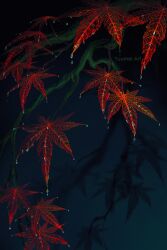 Rule 34 | artist name, autumn, autumn leaves, blue background, commentary, dew drop, english commentary, highres, leaf, maple leaf, no humans, original, plant, plant focus, shadow, vines, water drop, watermark, wet, yuumei