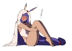 Rule 34 | 1girl, barefoot, blush, commentary request, dark-skinned female, dark skin, fate/grand order, fate (series), hairband, highres, jikatarou, knees up, long hair, looking at viewer, nitocris (fate), nitocris (swimsuit assassin) (second ascension) (fate), open mouth, purple eyes, purple hair, sitting, swimsuit, thick thighs, thighs, translated, white background
