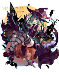 Rule 34 | 1girl, bad id, bad pixiv id, black thighhighs, blush, character request, copyright request, detached sleeves, drill hair, english text, engrish text, fang xue jun, grey hair, grey thighhighs, happy halloween, jack-o&#039;-lantern, looking at viewer, original, parted lips, pumpkin, ranguage, short hair, smile, solo, striped clothes, striped thighhighs, thighhighs