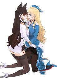 Rule 34 | 2girls, :d, amami amayu, animal ears, atago (azur lane), atago (kancolle), azur lane, beret, black gloves, black legwear, blonde hair, blue eyes, breasts, brown eyes, brown hair, crossover, garter straps, gloves, hat, highres, historical name connection, kantai collection, large breasts, long hair, long sleeves, military, military uniform, miniskirt, multiple girls, name connection, open mouth, pantyhose, simple background, skirt, smile, thighhighs, uniform, white background, white gloves