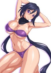 Rule 34 | 10s, 1girl, arched back, armpits, arms behind head, arms up, ayame (gundam build divers), bare arms, bare legs, barefoot, bikini, black hair, blush, breasts, cleavage, closed mouth, covered collarbone, detached collar, groin, gundam, gundam build divers, hair between eyes, hair ornament, head tilt, highres, kneeling, large breasts, long hair, looking at viewer, low ponytail, navel, nib pen (medium), ozaneko, purple bikini, purple eyes, shadow, shiny skin, sidelocks, simple background, solo, split ponytail, stomach, strapless, strapless bikini, swimsuit, thick thighs, thighs, traditional media, turtleneck, very long hair, white background