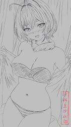 Rule 34 | 1girl, bikini, blush, breasts, cleavage, highres, large breasts, legs, looking at viewer, mely, monochrome, navel, original, short hair, smile, solo, swimsuit, thick thighs, thighs, traditional media