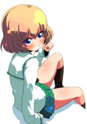 Rule 34 | 10s, 1girl, alternate costume, arm support, black socks, blonde hair, blouse, blue eyes, blush, clenched hand, commentary request, fang, from side, girls und panzer, green skirt, grin, highres, katyusha (girls und panzer), long sleeves, looking at viewer, looking back, miniskirt, ooarai school uniform, pleated skirt, school uniform, serafuku, shirt, short hair, simple background, sitting, skirt, smile, socks, solo, sw (taco), white background, white shirt