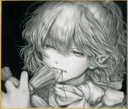Rule 34 | 1girl, commentary request, greyscale, highres, holding, mizuhashi parsee, monochrome, mouth hold, muha kakka, pointy ears, portrait, scarf, shikishi, shirt, short hair, short ponytail, signature, solo, straw doll, tearing up, touhou, wavy hair