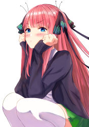 Rule 34 | 1girl, absurdres, arm support, black ribbon, blue eyes, blunt bangs, blush, butterfly hair ornament, closed mouth, commentary request, go-toubun no hanayome, green skirt, hair ornament, hair ribbon, head rest, highres, long hair, long sleeves, nakano nino, pink hair, rei (ilust9999), ribbon, shirt, simple background, skirt, solo, white background, white legwear, white shirt