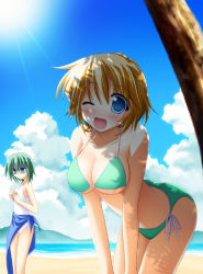 Rule 34 | 00s, 2girls, beach, bent over, bikini, blonde hair, blue eyes, blush, breast envy, breasts squeezed together, breasts, cleavage, cloud, day, flat chest, green hair, iwasaki minami, large breasts, lucky star, multiple girls, one-piece swimsuit, one eye closed, outdoors, patricia martin, sarong, shade, shaded face, short hair, side-tie bikini bottom, sun, swimsuit, tree, tree shade, tsuda akira, wink