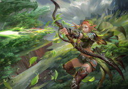 Rule 34 | 1girl, april dede, archery, armor, arrow (projectile), belt, belt buckle, bikini armor, boots, bow (weapon), breasts, buckle, cape, cleavage, cliff, closed mouth, cloud, dota (series), dota 2, dragon, elf, facepaint, facial mark, fantasy, fingerless gloves, flying, forest, gem, gloves, grass, highres, holding, holding weapon, hood, landscape, large breasts, leaf, leather, leather boots, motion blur, mountain, nature, original, outdoors, plant, pointy ears, quiver, red hair, rock, shoulder pads, skirt, sky, solo, thigh boots, thighhighs, tree, wavy hair, weapon, white eyes