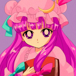 Rule 34 | 1990s (style), 1girl, blue bow, blue ribbon, blush, book, bow, crescent, dress, frilled dress, frills, hair bow, hanadi detazo, hat, hat ribbon, highres, long hair, mob cap, pajamas, patchouli knowledge, purple eyes, purple hair, red bow, red ribbon, retro artstyle, ribbon, simple background, solo, touhou