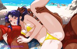 Rule 34 | 1girl, 2boys, bikini, breast press, breasts, bulge, dark-skinned male, dark skin, earrings, erection, erection under clothes, heart, heart-shaped pupils, highres, in heat, interracial, jewelry, katsuragi misato, large breasts, leg lift, long hair, male swimwear, multiple boys, naughty face, navel, neon genesis evangelion, partially visible vulva, purple hair, side-tie bikini bottom, snegovski, swim trunks, swimsuit, symbol-shaped pupils