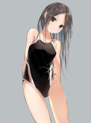 Rule 34 | 1girl, bare shoulders, black one-piece swimsuit, blush, breasts, brown eyes, brown hair, closed mouth, collarbone, competition swimsuit, forehead, grey background, head tilt, highres, long hair, looking at viewer, one-piece swimsuit, original, parted bangs, sakazakinchan, simple background, small breasts, solo, swimsuit, very long hair