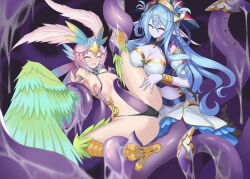 Rule 34 | 2girls, animal ears, bian qunqing, bird ears, bird legs, black panties, blue hair, blush, bracelet, breasts, carol (clover theater), chinese commentary, cleavage, closed eyes, clover theater, colored skin, commentary request, consensual tentacles, drooling, feathers, gradient hair, green feathers, green wings, hair ornament, harpy, headdress, highres, imola (clover theater), jewelry, large breasts, lifting person, long hair, monster girl, multicolored hair, multiple girls, navel, nipple stimulation, nipple tweak, nipples, open mouth, panties, pink hair, pointy ears, purple eyes, purple skin, scylla, short hair, slime (substance), small breasts, talons, tentacles, underwear, winged arms, wings