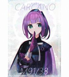 Rule 34 | 1girl, absurdres, blunt bangs, cape, carcano m91/38 (girls&#039; frontline), character name, commentary request, dress, girls&#039; frontline, gloves, green eyes, hair ornament, hair ribbon, hairband, highres, huge filesize, kky, long hair, purple dress, purple hair, ribbon, solo, uniform