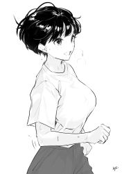 Rule 34 | 1girl, absurdres, blush, breasts, commentary request, greyscale, gym shirt, gym shorts, gym uniform, highres, looking away, medium breasts, monochrome, open mouth, original, shirt, short sleeves, shorts, simple background, solo, sweat, takenoko no you, white background